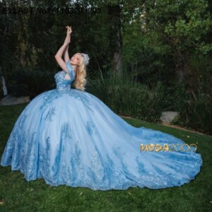 EVLAST Customized Glitter Blue Quinceanera Dress Ball Gown Sequins Lace Applique Beading Bow Sweet 16 Vestido De 15 Anos E1Q330