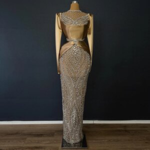 Customized Champagne Elegant Mermaid Evening Dress Long Sleeve Long Prom Dress Luxury Crystal Sequins Dubai Celebrity Dress