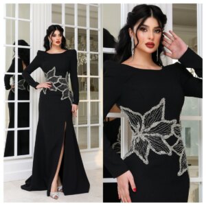 Customized Classic Black Jersey Evening Dress Scoop Long Sleeves Appliques Fashion Celebrity Gowns Delicate Vestido De