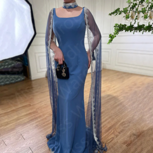 Latest Blue Evening Dresses Mermaid Prom Party Gowns Lace with Cape Sleeves Wedding Guest Gown 2024 Square Neckline Sweep Train