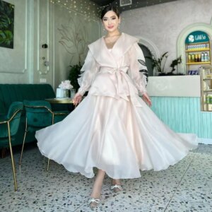 Customized Evening Organza Bow Draped Wedding Party A-line V-neck Bespoke Occasion Gown Midi es