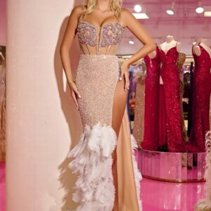 Luxurious Feathered Prom Dress 2025 Sexy Side Slit Party Dress Solemn A-line Sequined Floor-Length Evening Gowns Customized
