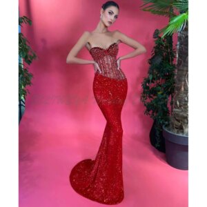 Red Sexy Sparkle Crystals Prom Dresses Women Mermaid Floor Length Strapless Sleeveless Perspective High Quality Banquet Gowns
