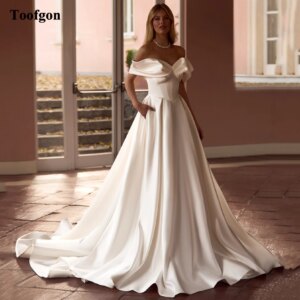 Toofgon Customized Bride Wedding Dresses Satin Off The Shoulder Corset Formal Bridal Gowns With Pockets Women Photography Dress
