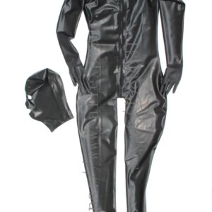Black 0.4mm thickness natural full cover latex catsuit homme with seperated latex hoods attached back zip to abdomen