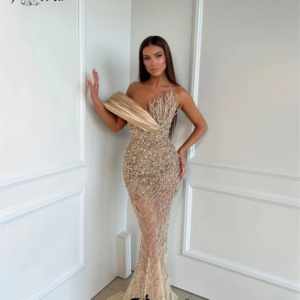 Champagne Dubai Handmade Mermaid Evening Dresses Beads Crystals 3D Appliques Arabic Party Gowns Formal Prom Dress Robe De Soiree