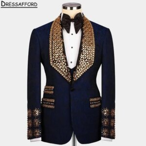 Dark Blue Jacquard Wedding Suits Men’s Business Suit Gold Crystal Beading 2 Pieces Formal Man Tuxedo Groom Wear