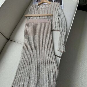 Autumn Women’s Sequin Knitted Set Round Neck Long Sleeve Sweater or Elastic Waist A-Line Pleated Midi Skirt Casual Female Suit