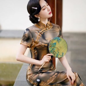 Improved Quality Real Silk Cheongsam Qipao Vintage High-End Cheongsam Qipao Dress Long Chinese Style Dress