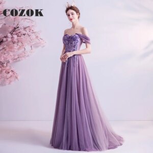 Elegant Tulle Sweetheart Neck Purple Evening Dress A Line Illusion Cap Sleeve Floor-Length Prom Gown Robes De Soirée DC56