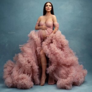 Customized Maternity Robe Puffy Tulle Pregnant Women Gowns Tiered Ruffles Front Split Bridal Prom Dress Photography Plus Size