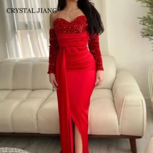 Sexy Long Glitter Red Prom Dresses Off the Shoulder Satin Sequin Full Sleeves with Slit Mermaid Sweep Train فساتين الحفلات