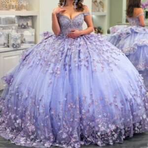 Lavender Shiny Quinceanera Dresses Ball Gown Off The Shoulder Sequin Applique Flower Beading Tull Party Birthday Sweet 16 Dress