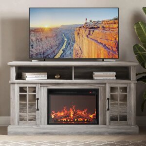 58″ Rustic TV Stand with 23″ Electric Fireplace Heater with Sound, 65″ with Open Storage Shelves and Cabinets – Grey Wash