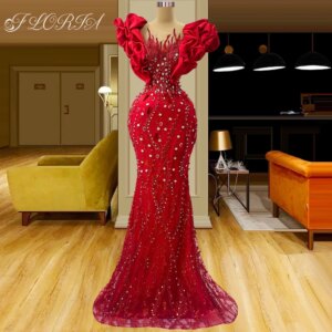 Vintage Red Crystal Rhinestones Formal Evening Party Dress Wedding Applique Mermaid Celebrity Special Occasion Dresses Customize