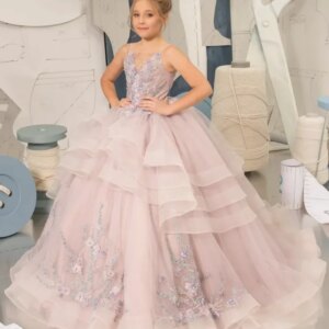 Custom Birthday Party Banquet Princess Gowns Flower Girl Dresses Dusty Pink Tulle Tiered Floral Pattern Sleeveless For Wedding