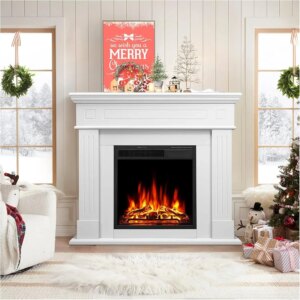 44″ Electric Fireplace with Mantel Package Freestanding Fireplace Heater Corner Firebox with Log,750-1500W,Pearl White