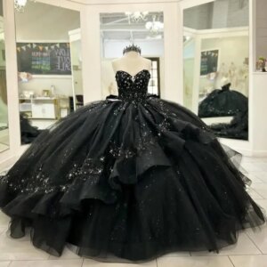 Customized Shiny black Off Shoulder Quinceanera Dres Tull applique gemstone crystal Lace layering vestidos de 15 Quinceanera 