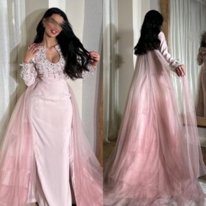 Customized Exquisite V-Neck Ball gown Beading Sequined Tulle Floor-Length Satin Bespoke Occasion Dresses Evening