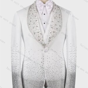 Luxury White Men Suits Pants Set 2 Pieces Crystals Blazer+Trousers Cotton Wedding Tuxedos Prom Jacket Formal One Button Coat