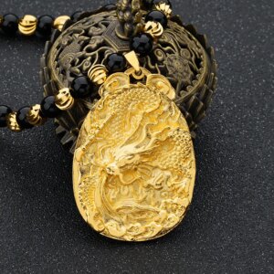 Fashion Aggressive Men’s And Women’s Chinese Dragon Tag Necklace Pure Copper Plated 100% Real Gold Chains Longlong Pendant