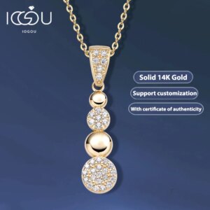 IOGOU 100% 14K Solid Gold Round Strip Pendant With Zircon & 925 Silver Chain Necklace Original Jewelry Gift for Women Engagement