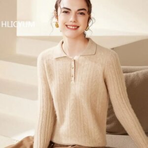 Autumn/Winter New 100% Pure Cashmere Sweater Women’s Casual Solid Color Twisted POLO Collar Knitted Hoodie Jumper Button Tops