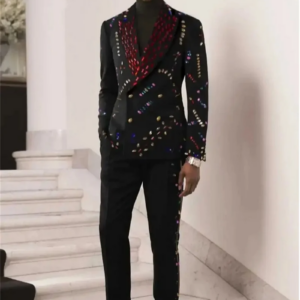 Crystals Men Suits Set 2 Piece Black Blazer+Pants Cotton Prom Wedding Tuxedo Coat Custom Made Formal Office Jacket Trousers