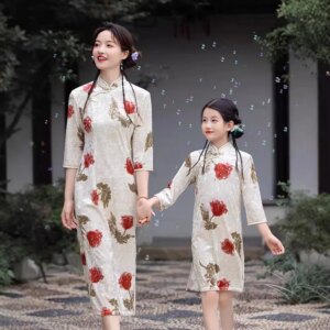 Parent-Child Cheongsam Mother-Daughter Matching Outfit New Long Sleeve Autumn Wear Chinese Style Improved Clothing Dress Velvet
