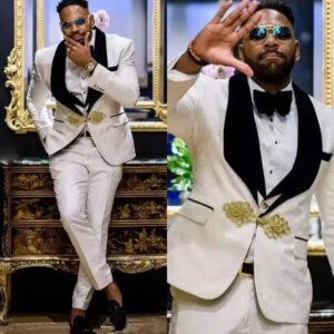 Vintage Jacquard Men Wedding Suits Shawl Lapel Tuxedo Groom Wear 2 Pcs Jacket Pants Business Evening Party Customized