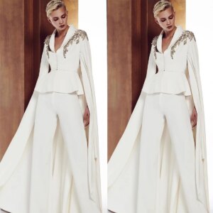 Luxury Women Pants Suits 2 Pcs Crystal Beaded Blazer With Cape Customized Formal Wear Wedding Guest Suits Party Celebrity Outfit