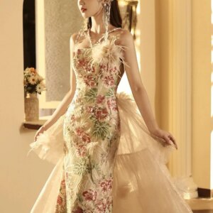 Vintage Prom Dresses Halter Flower Embroidery Feather Detachable Trailing Mermaid Sequins Diamond Lace-up Evening Gowns 2024