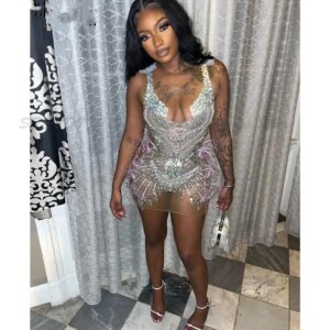 Sexy See Through Tail Dresses For Women Sheer Neck Rhie High Quality Prom Gowns Feathers Black Girl Birthday Party Dress Classic