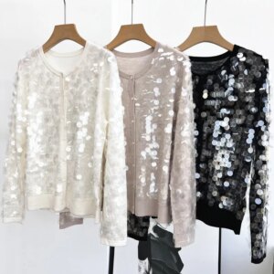 2025 New Fashion Women’S Cardigan Round Neck Long Sleeve Button Glitter Sequin Loose Wool Knitted Sweater Thin Sweater