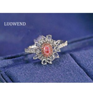 LUOWEND 100% 18K White Gold Rings Romantic Sunflower Shape Real Natural Pink Diamond Engagement Ring for Women Wedding Jewelry