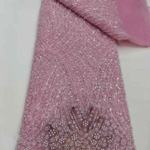 Pink Latest Royal African Groom Lace Fabric 2025 Luxury French Sequins Mesh Lace Fabric High-end Beaded For Wedding Dresses