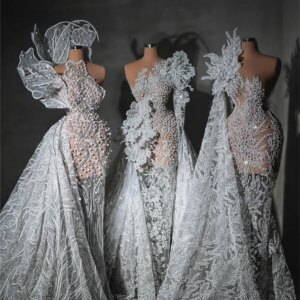 3 Designed Ivory Beaded Evening Dresses Customized Formal Occasion Dress Vestidos De Noche Engagement Dress Pearls Party Gowns