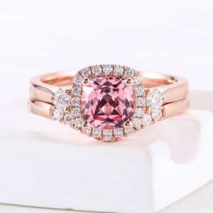 Provence Luxury Wedding Ring set 10K14K Solid Gold Cushion cut pink Lab Gemstones Ring DEF/VS Lab Diamonds Personalized Custom