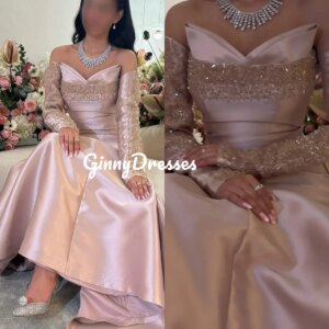 Customized Dresses For Prom A-Line Sweetheart Floor-Length Beadings Luxury Evening Dresses Long Sleeves Wedding Party Dress