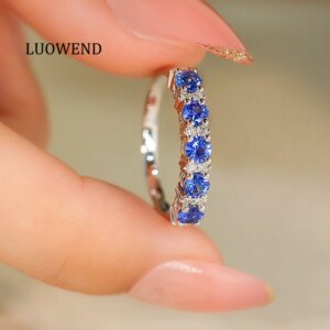 LUOWEND 100% 18K White Gold Rings Shiny Diamond Natural Sapphire Ring for Women Fashion INS Style High Engagement Jewelry