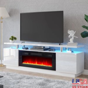 Electric Fireplace TV Stand Modern Entertainment Center with LED Lights Remote Control Storage Shelves Adjustable Brightness