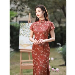 Double-Sided Spinning Jacquard Shoulder Sleeve Cheongsam Qi Pao     Fashion Improvement Mid-Length Short Women’s
