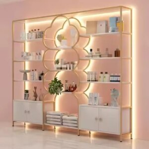 Free sample Beauty Salon store Barber shop Storage cabinet Display Rack Iron Wooden Floor Shelf with LED