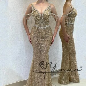 customized Luxury Gold Evening Dress Mermaid Prom Dresses Deep V Neck Crystals Rhinestones Sparkling Trumpet Pearls Party Gown f
