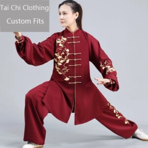 Embroidered Ginkgo Tai Ji Suit Performance Wear New Women’s Clothes Men’s Chinese Style for Spring and Autumn Purplish Red
