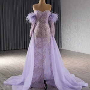 Pearl Evening dress in tull, purple strapless dress in feather