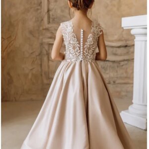 Custom Made Dusty Pink Satin White Appliques Sleeveless For Wedding Birthday Party First Communion Gowns Flower Girl Dresses