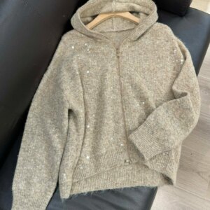Loose blended mohair cashmere zippered cardigan embellished with crystal sequins
