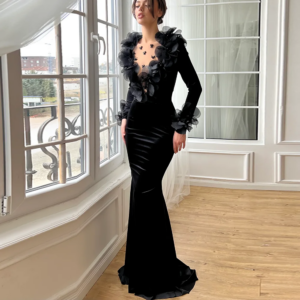 Graceful O-neck Velet Prom Party Dress with Long Sleeve Backless Sheath Trian Prom Gown Beaded Floral for Girls Customzied