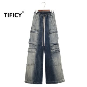 High Street DARK RO Jean Pants Men’s Dark Pocket Workwear Cargo Wide Leg Gradient Elaxtic Waist Denim Loose Flared Pants
